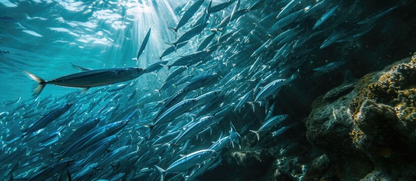 Indian mackerels swiftly swim, feeding in a tropical ocean, captured through underwater photography.