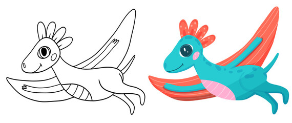 Coloring page with flying dinosaur. Game for kids