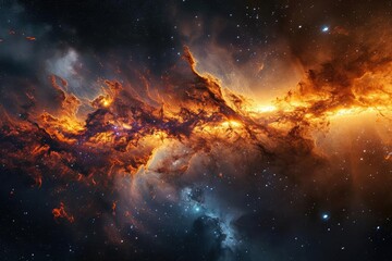 A panoramic scene of a galactic core eruption With energy jets and radiant matter