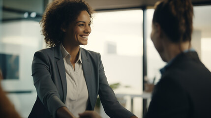 Bella donna sorridente in un moderno ufficio con abito elegante	incontra un cliente e le stringe la mano - obrazy, fototapety, plakaty