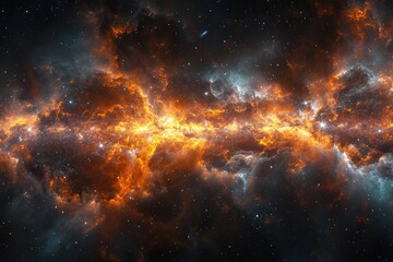 A panoramic scene of a galactic core eruption With energy jets and radiant matter