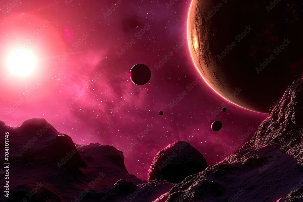 Canvas Prints a vibrant portrayal of a red dwarf star system with orbiting exoplanets and asteroid belts