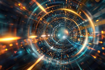 Obraz premium A surreal depiction of time travel with warped space-time and dynamic light streams