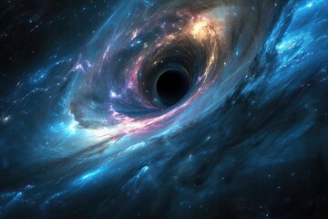 A surreal scene of a black hole bending light and time near a vibrant galaxy