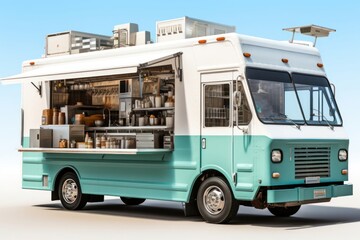 Blue and White Food Truck Parked in a Parking Lot Generative AI