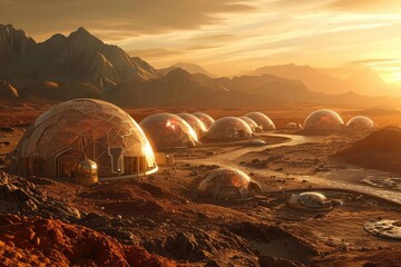 An artist's rendition of a future human settlement on mars With domes and terraforming equipment - obrazy, fototapety, plakaty
