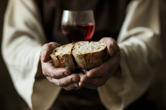 A symbolic image of jesus' hands offering bread and wine Representing communion and sacrifice