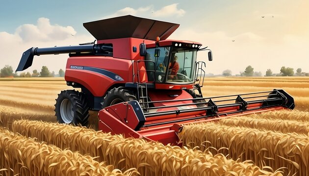 Efficient crop harvest: Tractor combine harvester in cereal agriculture field. Generative AI