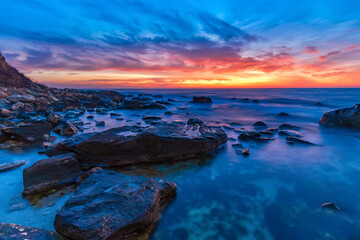 Seascape during sunrise. Beautiful natural seascape, blue hour. Sea sunrise at the Black Sea coast.