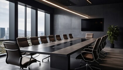 Front view of empty modern conference room with office table and chairs with dark cement wall in glass room. Generative AI