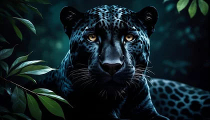 Foto op Plexiglas Black jaguar. Front view photograph of a black jaguar sitting on a branch. Generative AI © Copper