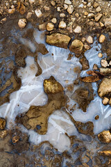 top view of frozen water with broken ice. Up close