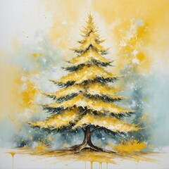 Oil painting Christmas tree artwork. Hand drawn oil painting. Christmas art background. Oil...