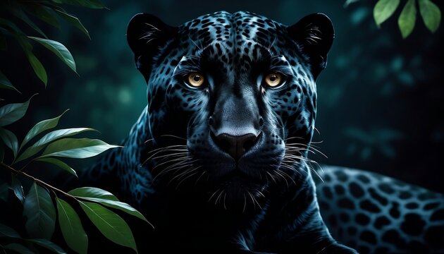 Black jaguar. Front view photograph of a black jaguar sitting on a branch. Generative AI