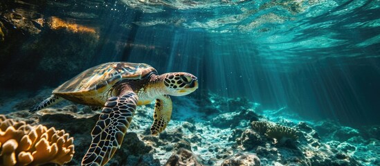 Sea turtle in Malaysia emerging with sunlight piercing water surface.