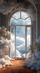 Surrealism painting of a room with a large window