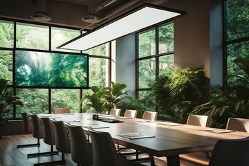 Fototapeta premium Modern office interior with large windows and green plants