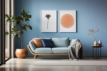 Blue living room interior with sofa, coffee table, rug, plant, and paintings