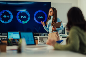 Woman team leader having fun while speaking at office brainstorming