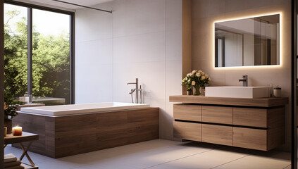 cuarto de baño contemporaneoy espacioso con bañera, lavabo y gran ventanal con vistas