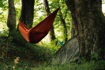 A person in a hammock is sleeping next to a tent in a forrest.