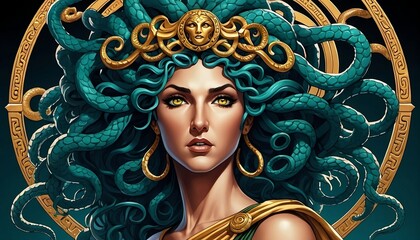 Medusa. Greek mythology women. A beautiful woman with green snakes on her head. Portrait. Generative AI