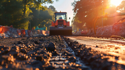 Road construction workers and road construction machinery scene. Highway construction site landscape. Copy Space. - obrazy, fototapety, plakaty