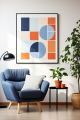 Blue and orange geometric artwork in living room