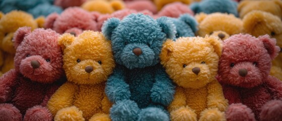 Full frame image of many teddy bears squeezing each other and squinting
