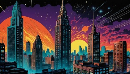 Panorama dark evil old detroit city, halo, glow, sparks, radiance, luminescence, midnight, moon, explosions, fires, destruction, skyscrapers, ruins, cartoon scenes, futuristic, sci-fi. Generative AI