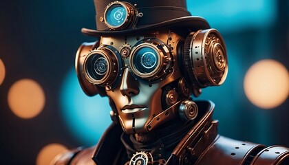 Portrait of a steampunk robot. An artistic abstract cyberpunk fantasy. Concept of a vintage robot. Generative AI