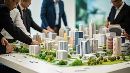 Business professionals discussing a city model