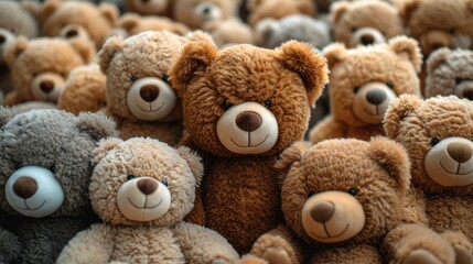 Full frame image of many teddy bears squeezing each other and squinting - obrazy, fototapety, plakaty