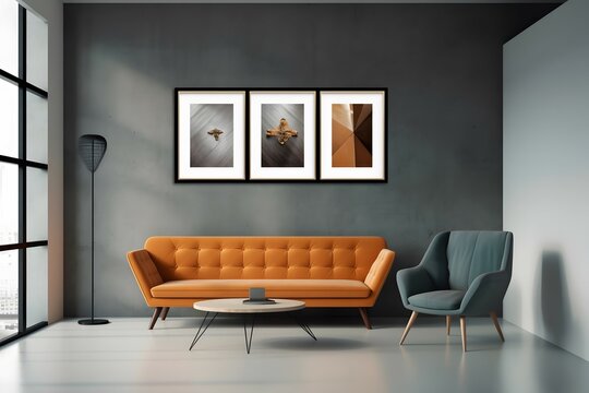  minimal design appartment, a wall with a picture frame, modern living-room, colourful furniture,