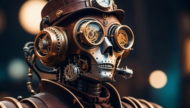 Portrait of a steampunk robot. An artistic abstract cyberpunk fantasy. Concept of a vintage robot. Generative AI