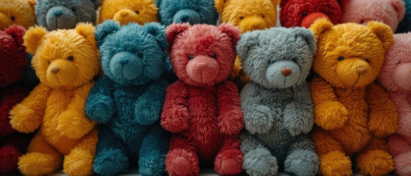 Full frame image of many teddy bears squeezing each other and squinting