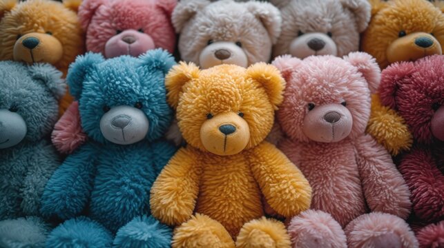 Full frame image of many colorful teddy bears squeezing each other and squinting