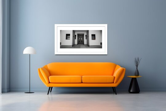  minimal design appartment, a wall with a picture frame, modern living-room, colourful furniture,