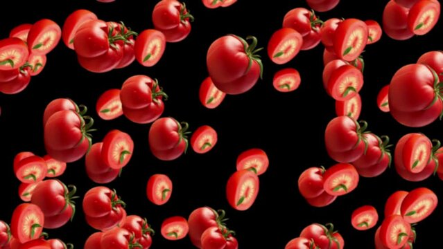 Tomatoes Vegetable And Food Eating Food Concept, Healthy Red Tomatoes Falling Animation. Slow Motion Of Fresh Lots Tomatoes Falling On Black Background . 4k High Resolution Food Falling Vegetable Fall