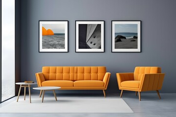  minimal design appartment, a wall with 2 or 3 picture frames, modern living-room, colourful center