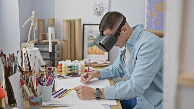 A young man in a blue shirt using virtual reality headset while drawing in an art studio full of painting supplies