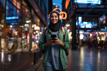Obraz premium Joyful young muslim woman in hijab listening to music through headphones connected to cell phone while walking around the city center.