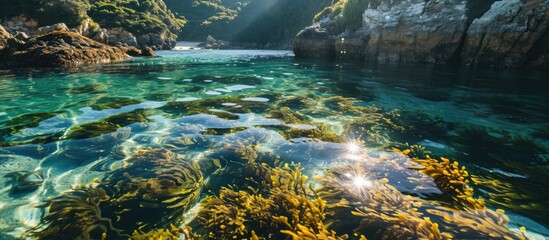 Naklejka premium Sunlight illuminates kelp in clear water by Poor Knights Islands in North Island, New Zealand.