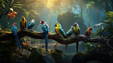 amazing rainforest birds sitting on branch - obrazy, fototapety, plakaty