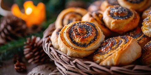 KolÃ¡Äe Culinary Delight, A Visual Symphony of Sweet Pastries - Filled with Fruit or Poppy Seeds, Capturing Eastern European Tradition - Folkloric Elegance - Soft, Muted Lighting Enhancing - obrazy, fototapety, plakaty