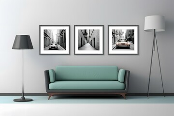  minimal design appartment, a wall with 2 or 3 picture frames, modern living-room, colourful center