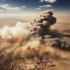 Large explosion in the middle of a desert - obrazy, fototapety, plakaty