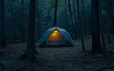 Camping tent night scene in the woods .Generative AI