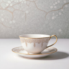 A beautifully drawn Tea Cup with intricate designs representing wellness and vitality, setting against a backdrop of a serene calming nature scene--generated by ai