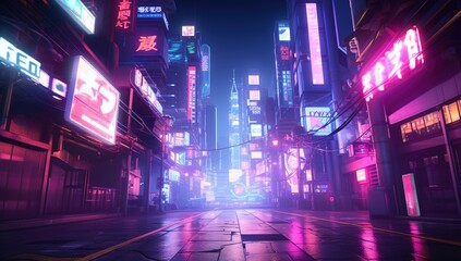 A cyberpunk city street with neon lights and skyscrapers